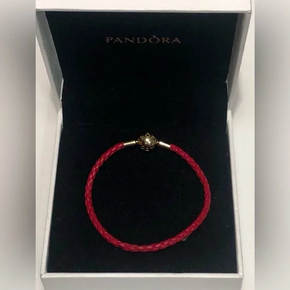🌹🍃New Authentic Pandora Red Woven Leather 18k Gold Shine Round Clasp Bracelet🍃🌹 - Picture 6 of 9